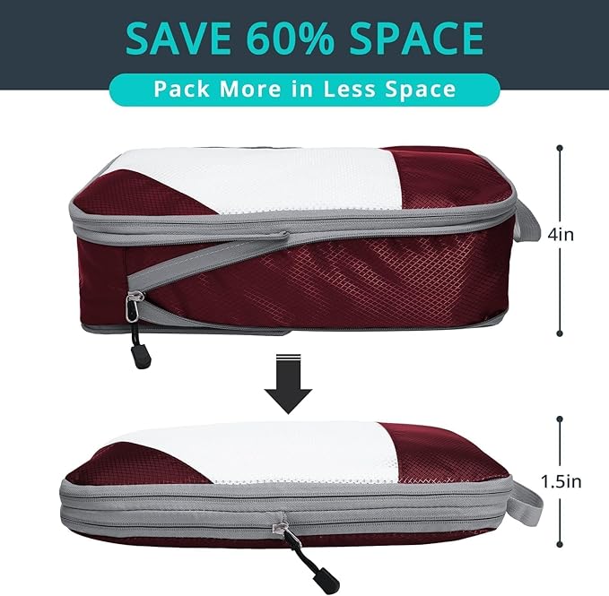 NICOSHOW 7 Set Compression Packing Cubes for Travel - Compressible, Lightweight, and Space-Saving Packing Cubes, Travel Essentials for Women, Wine