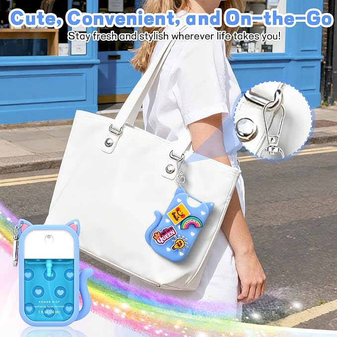 Cat Silicone Case Compatible with Touchland Hand Sanitizer Spray,1FL OZ/30ML Mist Holder with Keychain & 4 Cute Charms Accessory,Protective Cover for Touchland(1PCS Blue)