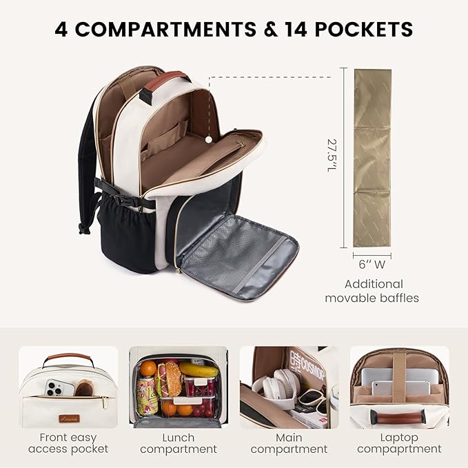 LOVEVOOK Lunch Backpack with Lunch Compartment,17 Inch Laptop Work Travel Insulated Cooler Backpack, Waterproof College Teacher Lunch Bag with Tumbler Holder,Gifts for Men Women,Beige-Nude-Logam plum