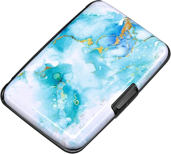 ELFISH Mini RFID Aluminum Wallet Credit Cards Holder Business Card Case Metal ID Case for Men Women (Green Marble)