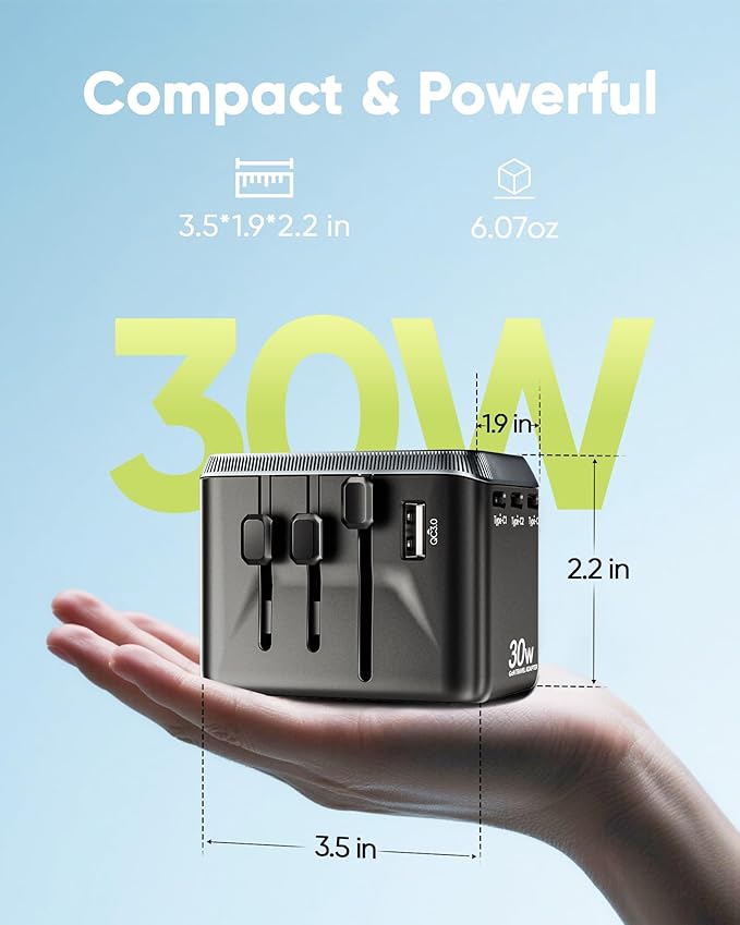 TenTrend Universal Travel Adapter, 30W International Power Adapter with 4 USB-C & 1 USB-A Ports, European Travel Plug Adapter, Worldwide Travel Essentials for EU UK AUS USA