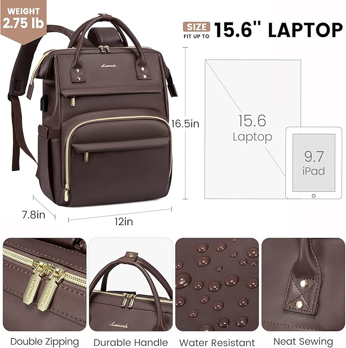 LOVEVOOK Leather Laptop Backpack for Women 15.6 inch,Travel Backpack Purse Nurse Teacher Backpack Computer Laptop Bag,Professional College Business Work Bags Carry On Backpack with USB Port,Coffee