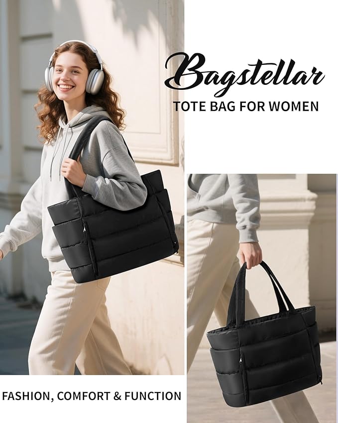 Bagstellar Puffer Tote Bag for Women, Lightweight Puffy Work Handbag Teacher Nurse Quilted Shoulder Bag for School Travel Gym | Cloud Bag w/ Zipper, Daily College Bags, 15.6" Computer Bag, Clinical Nursing Bag, 40 OZ Tumbler Holder, Ideal Gift for Women
