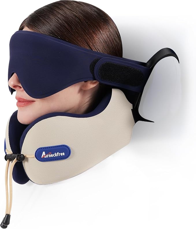 Neck Pillow for Traveling, Travel Pillow for Airplanes with Ergonomic 360° Head Neck Support, Combo with 3D Eye Mask, No Head Bobbing Travel Essentials for Plane,Car,Train,Home-Beige
