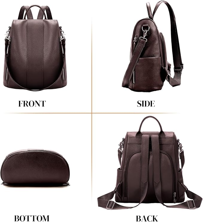 Leather Backpack Purses, Anti-theft Genuine Leather Backpack Bags for Women, Large Capcacity Fashion Convertible Shouler Bags for School Travel Daily