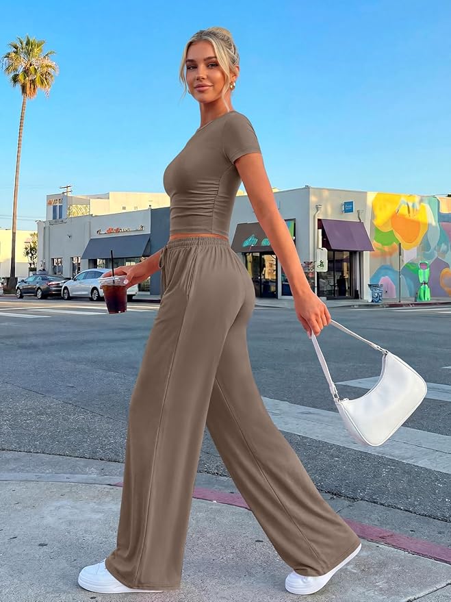 Trendy Queen 2 Piece Matching Summer Lounge Set Womens Side Ruching Top Wide Leg Pants Sets with Pockets