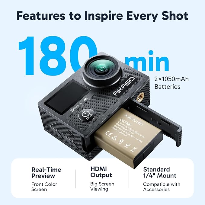 AKASO Brave 4 Action Camera with 64GB MicroSDXC U3 Card 4K30FPS 20MP Ultra HD 131FT Waterproof Underwater Camera EIS WiFi Remote Control 5X Zoom Sport Camera with Motorcycle Bicycle Accessories Kit