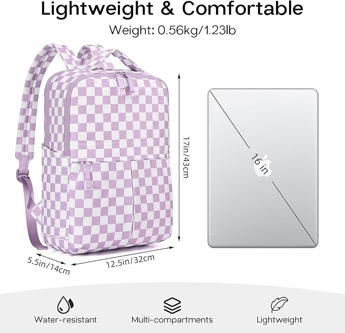 Checkered Backpack for Women Fashion Backpacks with Laptop and Multi Compartment for Travel and Work Light Purple Check