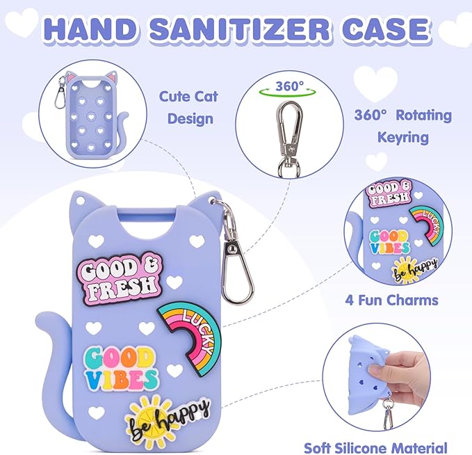 Silicone Case Holder Compatible with Hand Sanitizer Spray Touchland 1 fl oz, Cute Cat Ear Protective Case with Keychain & 4 Decorative Charms (Blue, 1P)