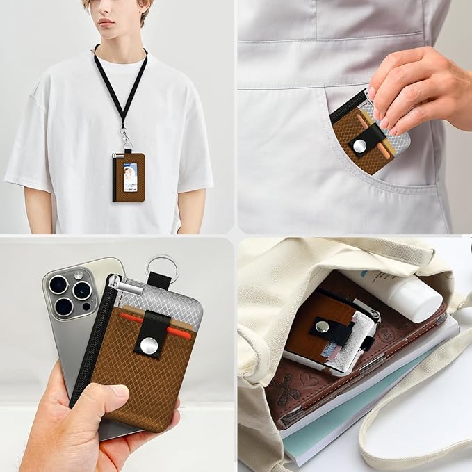 Minimalist RFID Blocking Small Wallet with ID Window,WaterResistant Zip Id Case Wallet with Lanyard Keychain for Cards,Cash,Travel,Women,Men (Brown/Light Grey)