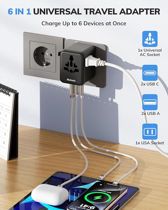 Hichain 70W GaN Universal Travel Adapter, European Travel Plug Adapter 2 USB-A & 2 USB-C Fast Charging Travel Adapter All-in-one International Power Adapter for USA EU UK AUS Travel Essentials Black
