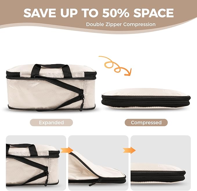 8-Piece Compression Packing Cubes for Travel, Ultralight Aesthetic Luggage Organizer Set, Space Saving Double Zipper Design for Carry-On & Suitcase Organizer, Travel Essentials- Beige