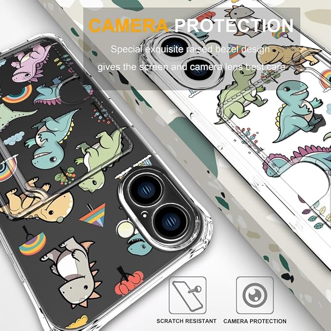 Compatible with iPhone 16 Case Card Holder for Women Cute Design,Wallet Phone Cases Transparent Cool Kawaii Protective (Clear Lovely Dinosaurs)