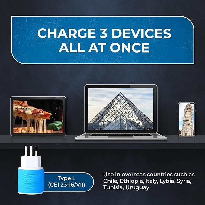 OREI Italy, Uruguay Travel Plug Adapter with Dual USB - Type L (U2U-12A), Will Work with Cell Phones, Camera, Laptop, Tablets, iPad, iPhone and More, Blue