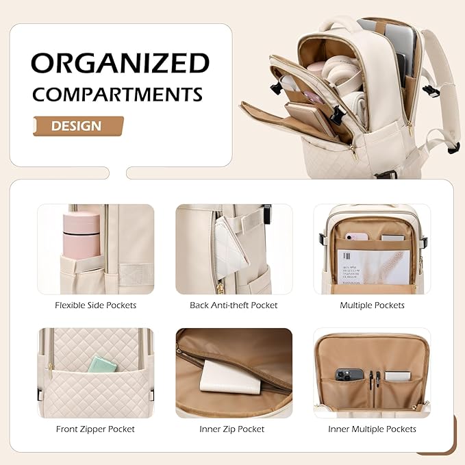 MDODO Travel Backpack for Women Men - Large Carry on Backpack fits 15.6" Laptop Lightweight Travel Bag Daypack Waterproof Causal Bookbag Backpack for College,Work,36L, Beige