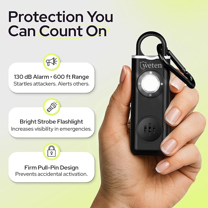 Weten Personal Safety Alarm for Women - 130dB Loud Panic Siren Keychain 3 Pack - Rape Whistle - LED Light, Carabiner Clip, Low Battery Alert, USB-C Charging Self Defense Alarm (Black Pink Blue)