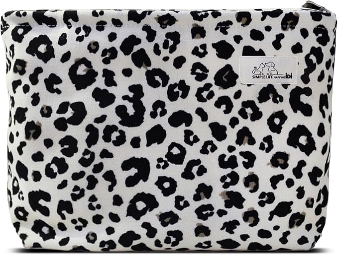 HAPPYHEIDI Leopard Print Makeup Bag with Pocket Large Cosmetic Toiletry Travel Pouch, Creamy White Cheetah, Lined, Zipper Closure, 8.5 × 2 x 6.5 inches
