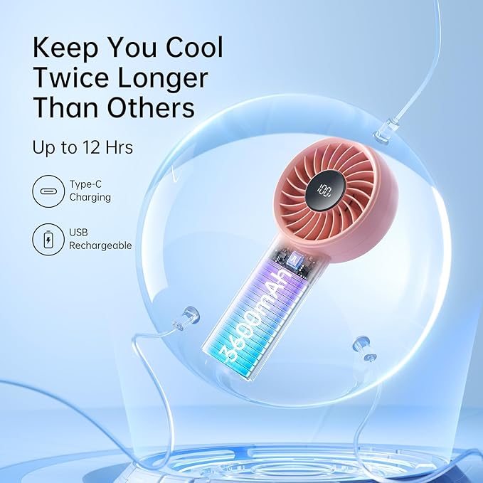 JISULIFE Handheld Portable Fan, Stronger and Longer-Lasting: 5 Speed, 3600mAh Battery, 12-Blade Turbo For Powerful Wider Wind, LED Display, Rechargeable Personal Fan for Travel Concerts Makeup-Pink