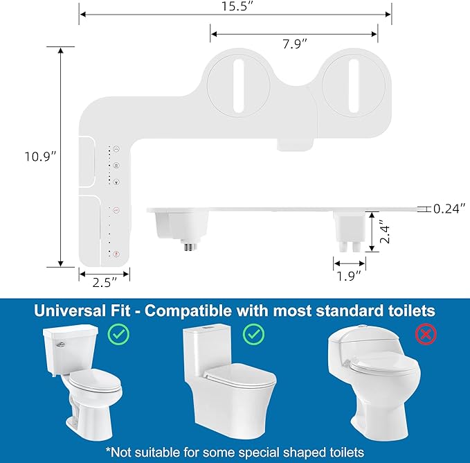 Bidet Attachment for Toilet, Adjustable WHot and Cold Water & Pressure, Self-Cleaning Dual Nozzles, Easy Install (White)