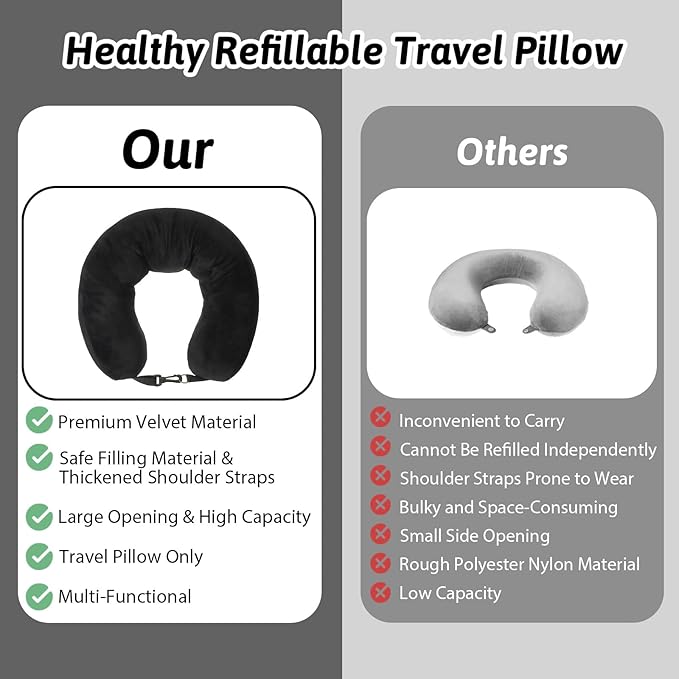 Stuffable Neck Pillow for Travel Adjustable Stuffable Neck Pillow for Airplanes Pillows Stuffed with Clothes Storage No Filler Storage Pillows Fits 5+ Days of Travel Essentials Black