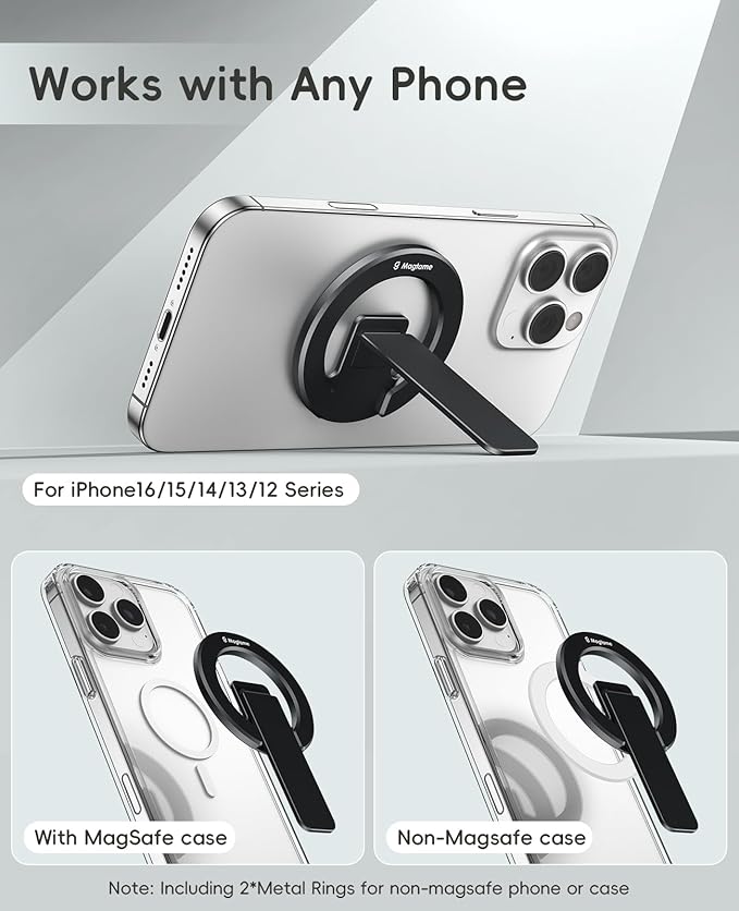 Magtame Double-Sided Magnetic Phone Stand Grip, Strong Magnetic Kickstand Desk Holder for Mag&Safe and Smartphone, Foldable Adjustable Design, Black