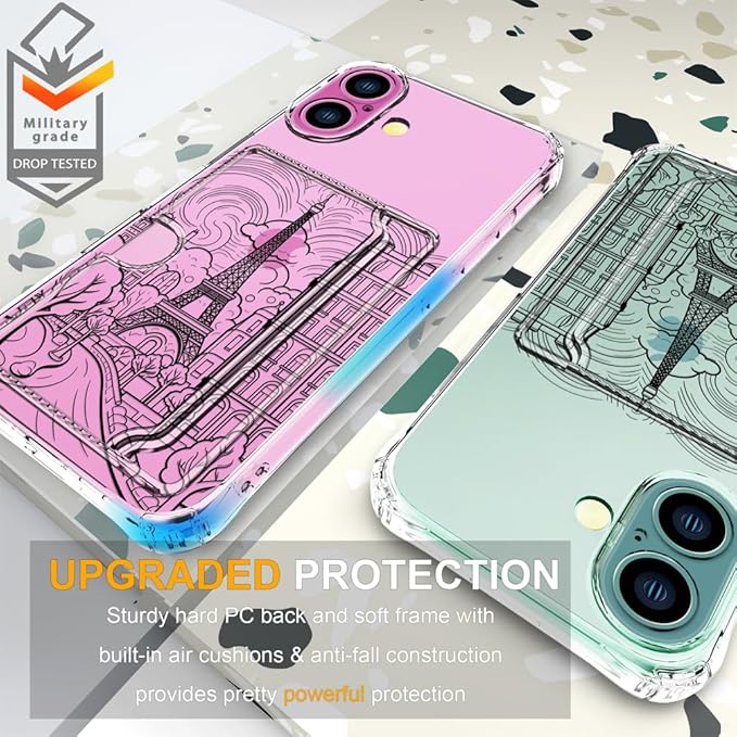 Compatible with iPhone 17 Case Card Holder for Women Cute Design,Wallet Phone Cases Transparent Cool Kawaii Protective (Clear Paris City Eiffel Tower)