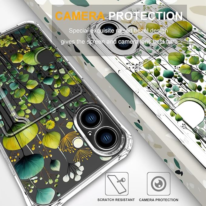 Compatible with iPhone 16 Plus Case Card Holder for Women Cute Design,Wallet Phone Cases Transparent Cool Kawaii Protective (Clear Green Flower Leaves Buds)