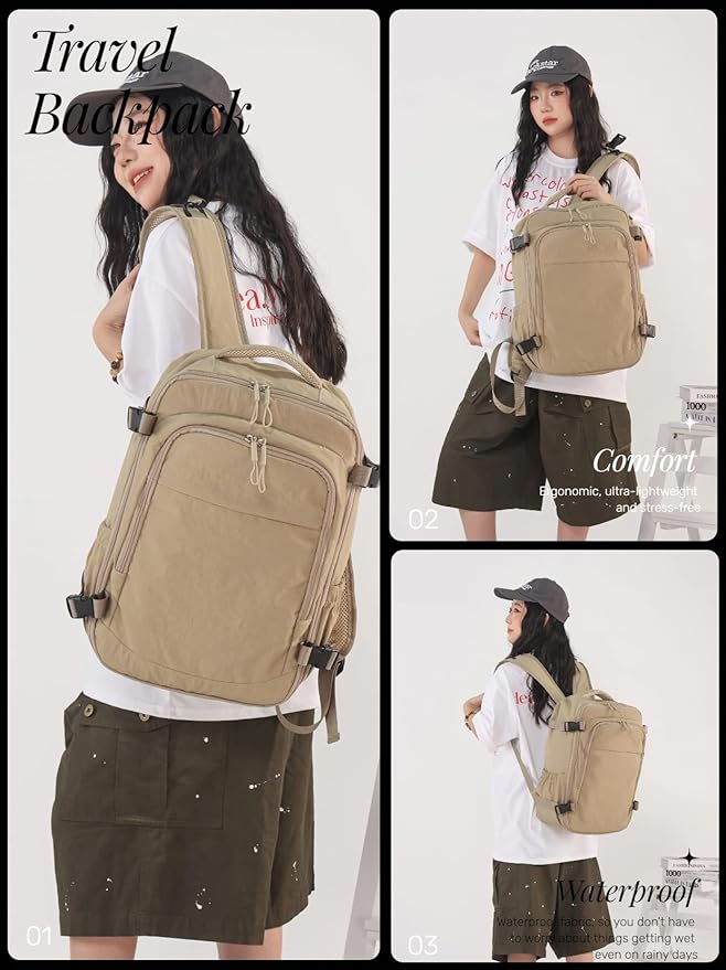 Travel Backpack For Women Men,Airline Approved Carry on Backpack,Casual Daypack for Business Travel Essentials (Khaki)