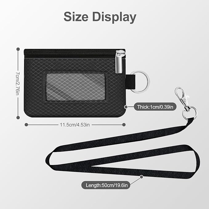 Minimalist RFID Blocking Small Wallet with ID Window,WaterResistant Zip Id Case Wallet with Lanyard Keychain for Cards,Cash,Travel,Women,Men (Black/DarkGrey)