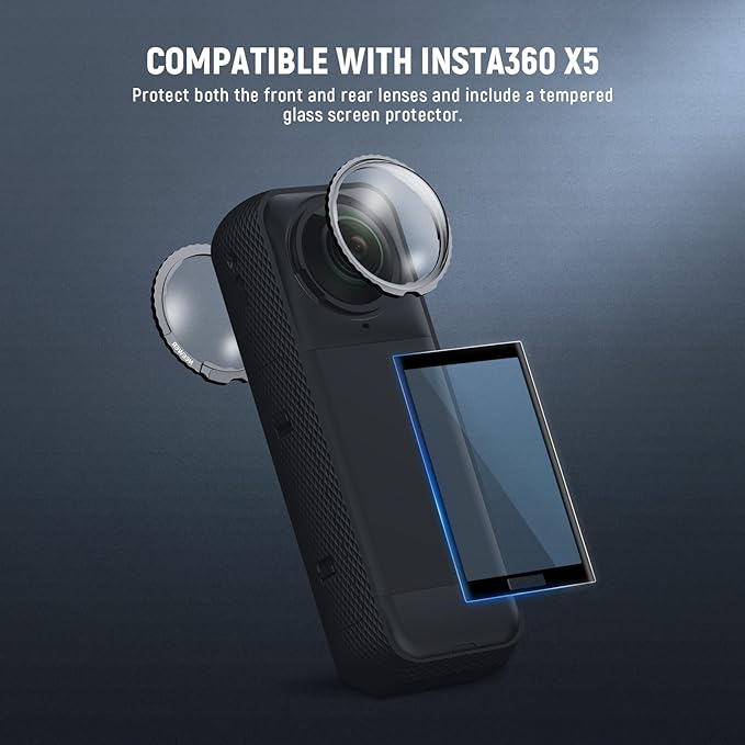 NEEWER Lens Protector Set Compatible with Insta360 X5 Action Camera (2 Pack), 9H Tempered Glass Lens Guards Accessories with Screen Protector, Cleaning Cloth & Case, Remove Before Shooting, LPC03