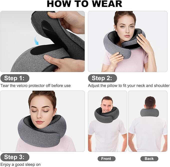 Travel Neck Pillow for Airplane - 100% Memory Foam 360° Ergonomic Support - Adjustable Velcro, Washable Velvet Cover & Compact Storage Case - Flight Essentials for Sleeping(Grey)