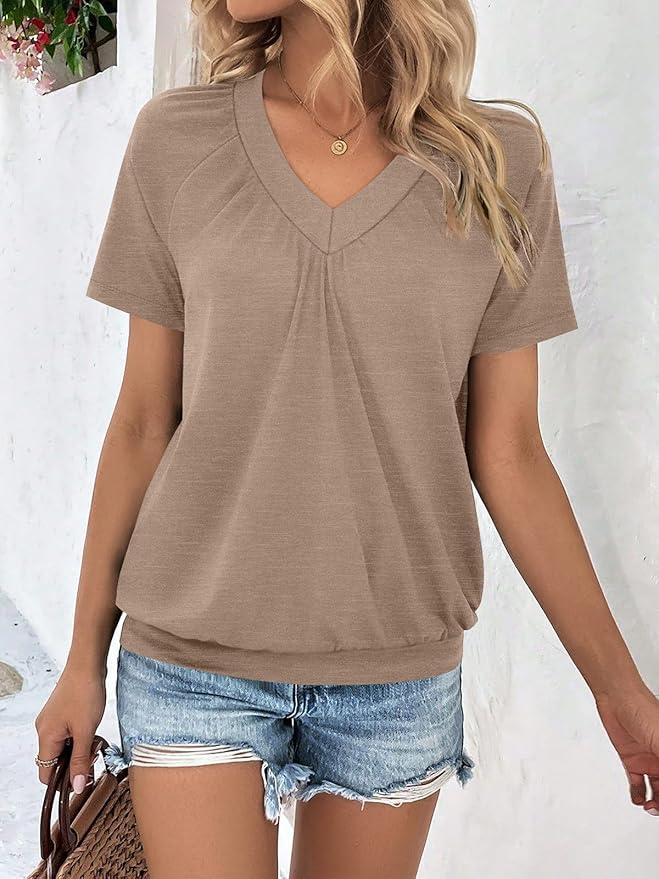 AUTOMET Womens Tops Short Sleeve V Neck T Shirts 2026 Summer Spring Beach Vacation Clothes Casual Loose Ruched Top