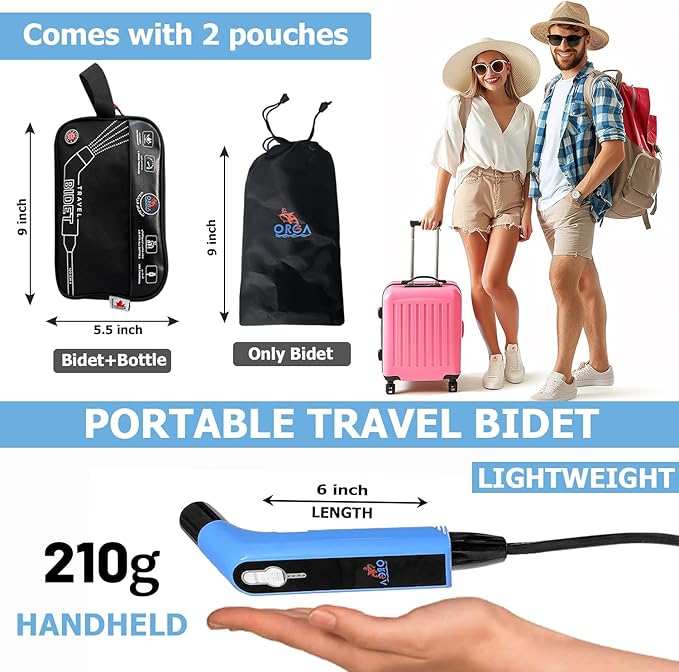 Orca Portable Travel Bidet Bottle Handheld Personal Sprayer, Electric Travel Bidet Camping Bathroom Personal Hygiene Cleaning Baby Care Toilet Sprayer Cleaning + 2 L Pouch
