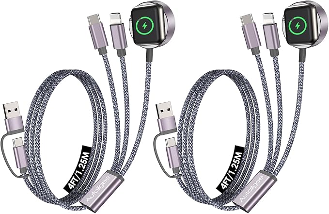 2Pack Travel Essentials for Apple Watch Charger,3 in 2 USB C Cable for Multi Charging Cable Cord,Vacation Camping RV Essentials Portable Designed for iWatch &iPhone 17-11 -4FT Gray