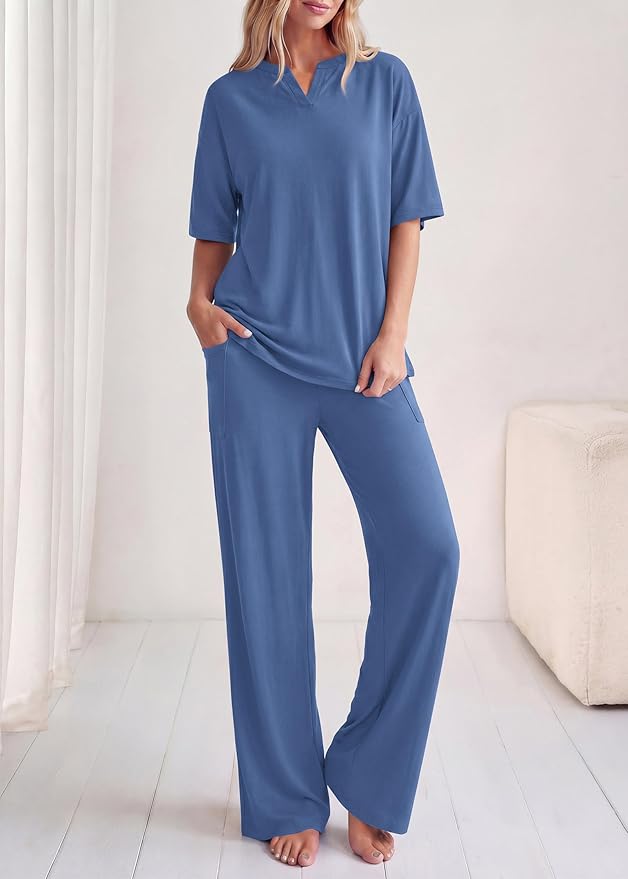 KIRUNDO Womens 2 Piece Matching Lounge Set Airport Travel Vacation Summer Outfits Oversized Short Sleeve Tops Wide Leg Pants