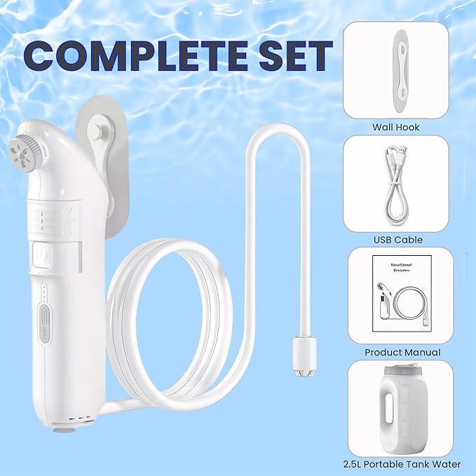 2Clean Portable Bidet - Travel & Home Use High Pressure Sprayer, USB Rechargeable Hygiene Device for Toilets with 2.5L Container, Variable Intensity, Lightweight Design, Wall Bracket Included
