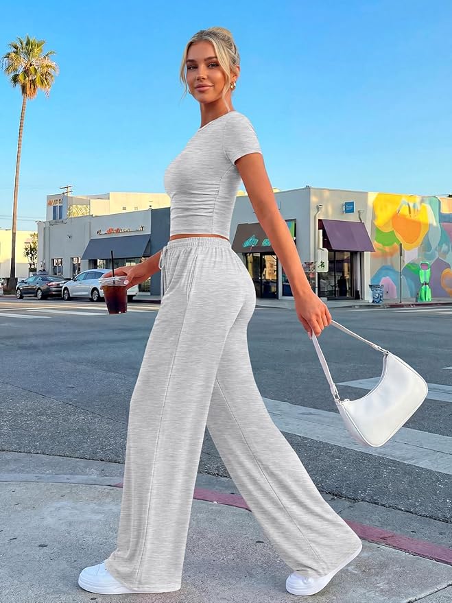 Trendy Queen 2 Piece Matching Summer Lounge Set Womens Side Ruching Top Wide Leg Pants Sets with Pockets