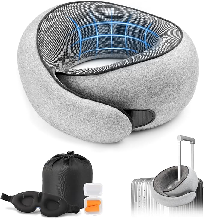 Purroch Travel Neck Pillow with 100% Pure Memory Foam, G-Shape, Includes Eye Mask & Ear Plugs, Ergonomic Design for Airplane, Car & Office, etc, Beige Gray