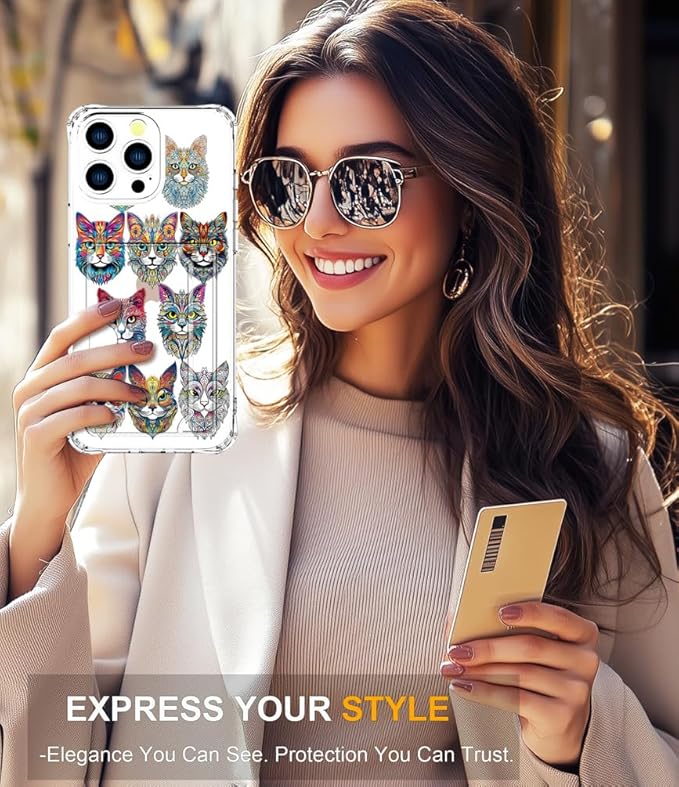Compatible with iPhone 16 Pro Max Case Card Holder for Women Cute Design,Wallet Phone Cases Transparent Cool Kawaii Protective (Clear Tattoo Cats Animal)