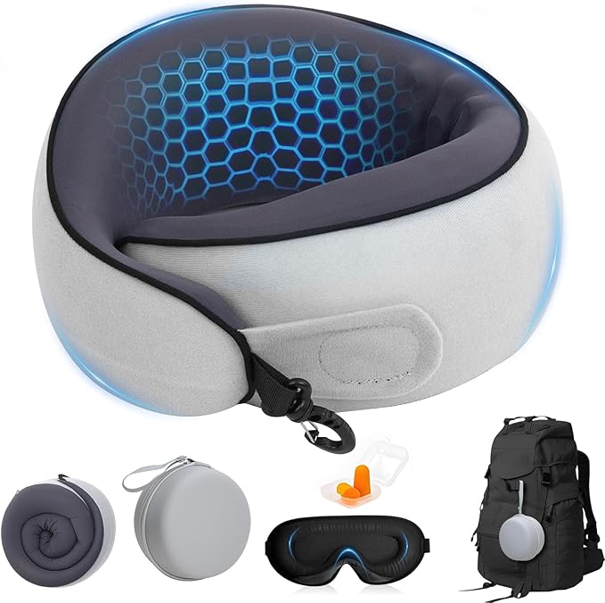 Neck Pain Travel Pillow with 360° Full Support for Rest, Compact Neck Airplane Pillow for Car, Office, Long Flight Kit with Contoured 3D Eye Mask, Earplugs & Portable Storage Box