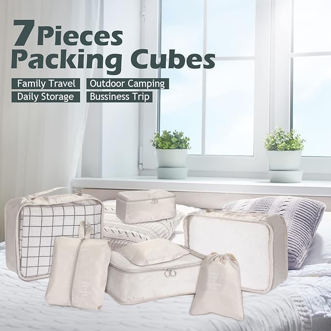 Chumia 21 Set Packing Cubes Back to School Travel Clothes Luggage Suitcases Organizer Trip College Dorm Toiletry Shoes Bag(Beige, Gray, Lake Blue)