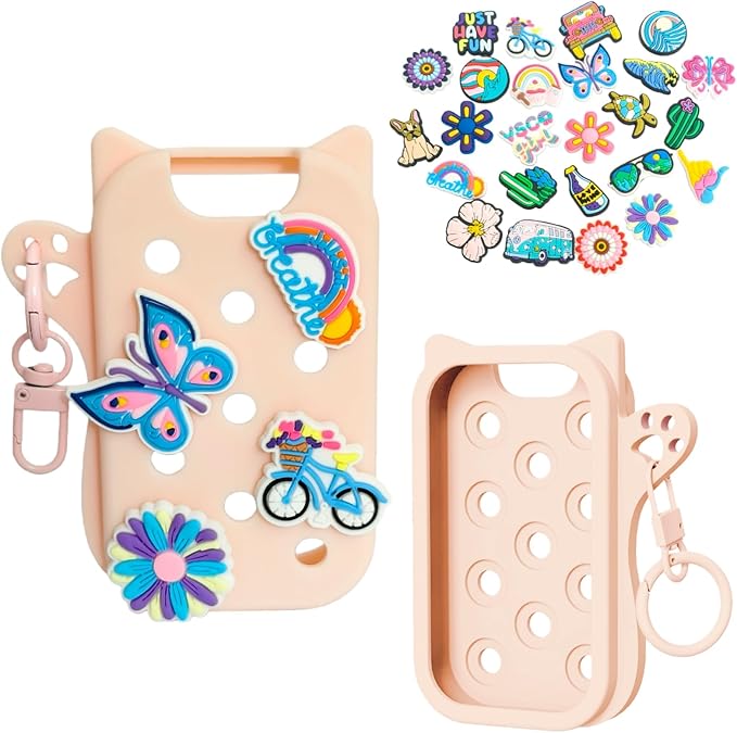 Hand Sanitizer Case with 25 Charms for Touchland, Compatible with Power Mist 1 FL Oz/30ML, Croc-Style Touchland Holder (Pink Case Summer Charms)
