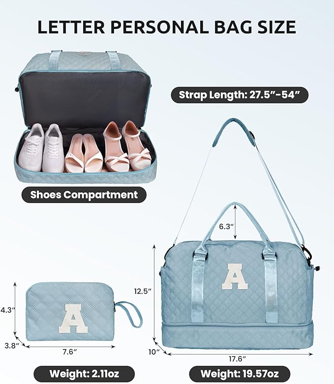 Personalized Girls Duffle Bag with Shoe Compartment, Personalized Weekender Overnight Bag, Monogram Letter Travel Bag with Makeup Bag, Birthday Gift For Women Girl (Letter L)