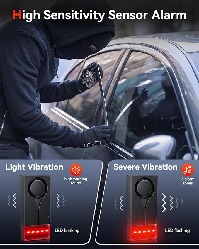 Car Anti-Theft Vibration Alarm, ELECTOP 108dB Automobile Vibration Sound & Light Alert, Wireless Remote Car Alert Automotive Warning Interior Safety Light with 2pcs Alarm