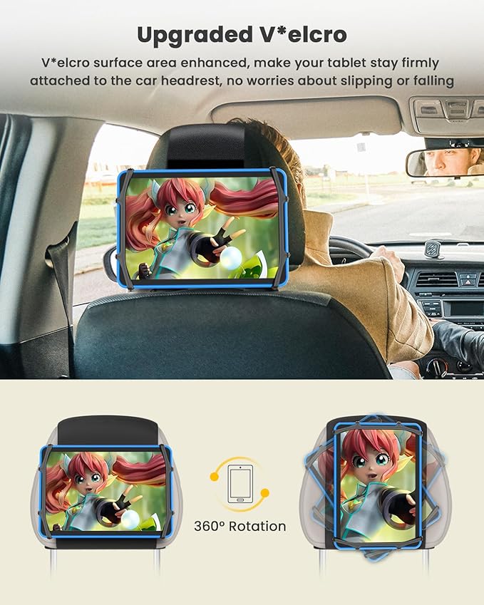 WONNIE Car Tablet Holder, Upgraded iPad Holders for Car Mount Headrest, iPad Mount Back Seat for Kids with Anti-Slip Strap, Silicone Holding Net/Fits All 7-12.9'' Tablets, 2 Pack