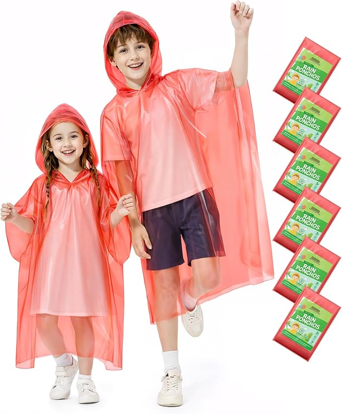 Hitituto Rain Ponchos Family Pack Kids– 6/12/24 Pack Disposable Poncho with Hood, Clear & Assorted Colors, Home Survival Kits