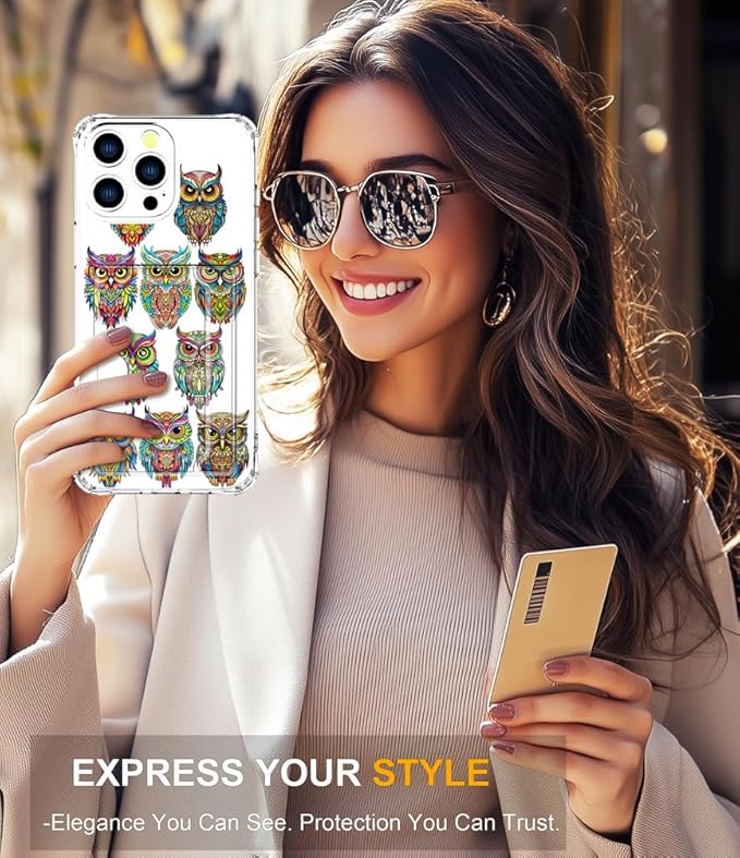 Compatible with iPhone 16 Pro Max Case Card Holder for Women Cute Design,Wallet Phone Cases Transparent Cool Kawaii Protective (Clear Colorful Owls Cartoon)