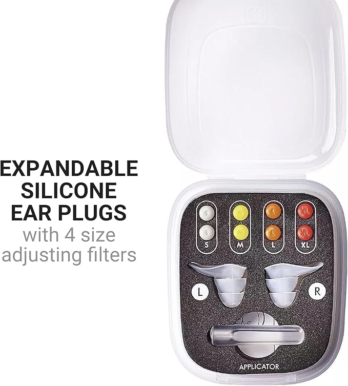 Custom Fit Ear Plugs, Noise-Reducing Ear Plugs for Sleeping, 4 Size-Adjusting Filters, Silicone Body, Carry Case Included, 1 Pair, Travel Essentials