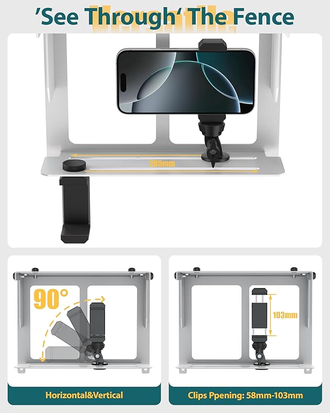 Stouchi Game Changer Mounting Kit, Fence Mount with Adjustable Sun Shade Power Bank Clip, Stable No-Shake Recording Kit for iPhone, Samsung, GoPro, Mevo Start for Baseball Softball Tennis-Silver