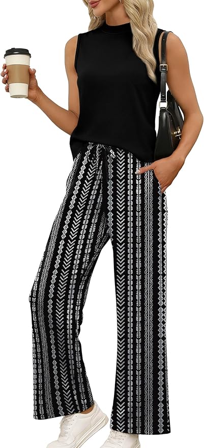 WIHOLL Two Piece Set for Women Summer Spring Outfits Cruise Travel Airport Beach Vacation Mock Neck Wide Leg Pants Set